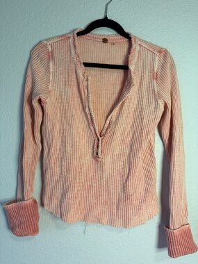 Free People Peach Waffle-Knit Long Sleeve V-Neck Top